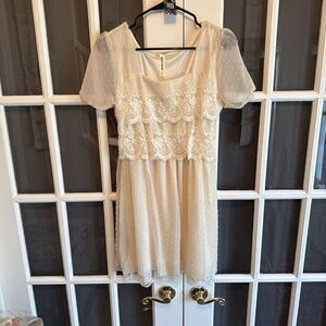 Ivory Layered Lace Bodice Swiss Clipped Dot Skirt Lined Square Neck Dress L NWT